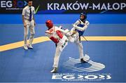 23 June 2023; Jack Woolley of Ireland, right, in action against Josef Hodayfa Alami of Sweden in the Taekwando Men's 58kg round of 16 match at the Krynica-Zdrój Arena during the European Games 2023 in Poland. Photo by David Fitzgerald/Sportsfile