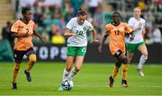 22 June 2023; Abbie Larkin of Republic of Ireland in action against Judith Soko, left, and Evarine Susan Katongo of Zambia during the women's international friendly match between Republic of Ireland and Zambia at Tallaght Stadium in Dublin. Photo by Brendan Moran/Sportsfile