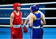 23 June 2023; Kellie Harrington of Ireland, left, and Miroslava Jedinakova of Slovakia before their lightweight 60kg bout at the Nowy Targ Arena during the European Games 2023 in Poland. Photo by Tyler Miller/Sportsfile