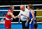 23 June 2023; Kellie Harrington of Ireland, left, fist bumps Miroslava Jedinakova of Slovakia after her victory in their lightweight 60kg bout at the Nowy Targ Arena during the European Games 2023 in Poland. Photo by Tyler Miller/Sportsfile