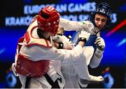 23 June 2023; Jack Woolley of Ireland, right, in action against Mohammed Nour of Great Britain in the Taekwando Men's 58kg quarter final match at the Krynica-Zdrój Arena during the European Games 2023 in Poland. Photo by David Fitzgerald/Sportsfile