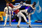 23 June 2023; Jack Woolley of Ireland, right, in action against Mohammed Nour of Great Britain in the Taekwando Men's 58kg quarter final match at the Krynica-Zdrój Arena during the European Games 2023 in Poland. Photo by David Fitzgerald/Sportsfile