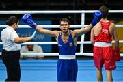 23 June 2023; Malik Hasanov of Azerbaijan celebrates after his victory against Bartlomiej Roskowicz of Poland in their Lightweight 63.5kg bout at the Nowy Targ Arena during the European Games 2023 in Poland. Photo by Tyler Miller/Sportsfile