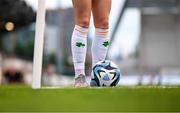 22 June 2023; A detailed view of of the Republic of Ireland socks worn by Megan Connolly as she prepares to take a corner during the women's international friendly match between Republic of Ireland and Zambia at Tallaght Stadium in Dublin. Photo by Stephen McCarthy/Sportsfile