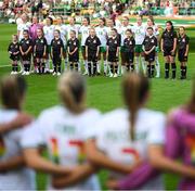 22 June 2023; Republic of Ireland players, from left, Louise Quinn, Courtney Brosnan, Niamh Fahey, Megan Connolly, Ruesha Littlejohn, Heather Payne, Leanne Kiernan, Abbie Larkin, Saoirse Noonan, Claire O'Riordan and Izzy Atkinson stand for the playing of the National Anthem before the women's international friendly match between Republic of Ireland and Zambia at Tallaght Stadium in Dublin. Photo by Stephen McCarthy/Sportsfile