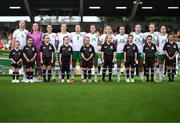 22 June 2023; Republic of Ireland players, from left, Louise Quinn, Courtney Brosnan, Niamh Fahey, Megan Connolly, Ruesha Littlejohn, Heather Payne, Leanne Kiernan, Abbie Larkin, Saoirse Noonan, Claire O'Riordan and Izzy Atkinson stand for the playing of the National Anthem before the women's international friendly match between Republic of Ireland and Zambia at Tallaght Stadium in Dublin. Photo by Stephen McCarthy/Sportsfile