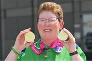 23 June 2023; Team Ireland's Catríona McLaughlin, a member of Rehab Castlebar, from Claremorris, Mayo, who won a total of three Gold medals, Singles, Doubles and Mixed Team which she will collect on Saturday after the concluding Bocce events at the the World Special Olympic Games 2023 at the Messe Berlin in Berlin, Germany. Photo by Ray McManus/Sportsfile