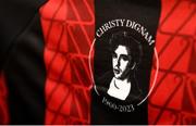 23 June 2023; A detailed view of the Bohemian FC jersey, paying tribute to the late Christy Dignam, singer with Irish band Aslan, hangs in the dressingroom before the SSE Airtricity Men's Premier Division match between Bohemians and Shamrock Rovers at Dalymount Park in Dublin. Photo by Seb Daly/Sportsfile