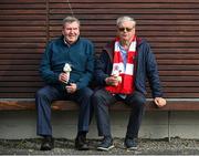 23 June 2023; Sligo Rovers supporters Sam Devins and Noel Scott, from Sligo tow, before the SSE Airtricity Men's Premier Division match between UCD and Sligo Rovers at UCD Bowl in Dublin. Photo by Stephen Marken/Sportsfile