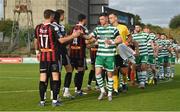23 June 2023; Ronan Finn of Shamrock Rovers shakes hands with Adam McDonnell of Bohemians, 17, before the SSE Airtricity Men's Premier Division match between Bohemians and Shamrock Rovers at Dalymount Park in Dublin. Photo by Seb Daly/Sportsfile