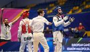 23 June 2023; Jack Woolley of Ireland, right, reacts after being defeated by Adrian Vicente Yunta of Spain in their Taekwando Men's 58kg gold medal final match at the Krynica-Zdrój Arena during the European Games 2023 in Poland. Photo by David Fitzgerald/Sportsfile