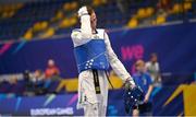 23 June 2023; Jack Woolley of Ireland reacts after being defeated by Adrian Vicente Yunta of Spain in their Taekwando Men's 58kg gold medal final match at the Krynica-Zdrój Arena during the European Games 2023 in Poland. Photo by David Fitzgerald/Sportsfile