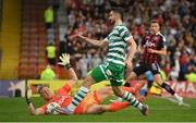 23 June 2023; Neil Farrugia of Shamrock Rovers in action against Bohemians goalkeeper James Talbot during the SSE Airtricity Men's Premier Division match between Bohemians and Shamrock Rovers at Dalymount Park in Dublin. Photo by Seb Daly/Sportsfile