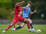 23 June 2023; Max Mata of Sligo Rovers in action against Luke O'Regan of UCD during the SSE Airtricity Men's Premier Division match between UCD and Sligo Rovers at UCD Bowl in Dublin. Photo by Stephen Marken/Sportsfile