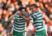 23 June 2023; Neil Farrugia of Shamrock Rovers, left, celebrates with teammate Daniel Cleary after scoring their side's first goal during the SSE Airtricity Men's Premier Division match between Bohemians and Shamrock Rovers at Dalymount Park in Dublin. Photo by Seb Daly/Sportsfile