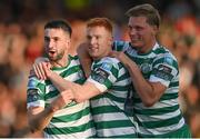 23 June 2023; Neil Farrugia of Shamrock Rovers, left, celebrates with teammates Rory Gaffney, centre, and Daniel Cleary after scoring their side's first goal during the SSE Airtricity Men's Premier Division match between Bohemians and Shamrock Rovers at Dalymount Park in Dublin. Photo by Seb Daly/Sportsfile
