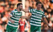 23 June 2023; Neil Farrugia of Shamrock Rovers, left, celebrates with teammate Daniel Cleary after scoring their side's first goal during the SSE Airtricity Men's Premier Division match between Bohemians and Shamrock Rovers at Dalymount Park in Dublin. Photo by Seb Daly/Sportsfile