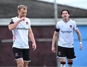 23 June 2023; Greg Sloggett of Dundalk, left, and teammate Louie Annesley react after the first goal for Drogheda United during the SSE Airtricity Men's Premier Division match between Drogheda United and Dundalk at Weaver's Park in Drogheda, Louth. Photo by Piaras Ó Mídheach/Sportsfile