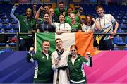 23 June 2023; Jack Woolley of Ireland celebrates with coach Robert Taaffe, left, and team manager Niamh Buffini and supporters and his silver medal after his Taekwando Men's 58kg gold medal final match against Adrian Vicente Yunta of Spain at the Krynica-Zdrój Arena during the European Games 2023 in Poland. Photo by David Fitzgerald/Sportsfile