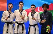 23 June 2023; Medallists, from left, silver medallist Jack Woolley of Ireland, gold medallist, Adrian Vicente Yunta of Spain, and joint bronze medallists Gashim Magomedov of Azerbaijan and Cyrian Ravet of France after the Taekwando Men's 58kg gold medal final match at the Krynica-Zdrój Arena during the European Games 2023 in Poland. Photo by David Fitzgerald/Sportsfile