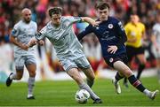 23 June 2023; Andrew Quinn of Shelbourne in action against Conor Carty of St Patrick's Athletic during the SSE Airtricity Men's Premier Division match between St Patrick's Athletic and Shelbourne at Richmond Park in Dublin. Photo by Harry Murphy/Sportsfile