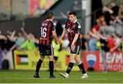23 June 2023; James Clarke of Bohemians, right, celebrates with teammate Keith Buckley after scoring their side's second goal during the SSE Airtricity Men's Premier Division match between Bohemians and Shamrock Rovers at Dalymount Park in Dublin. Photo by Seb Daly/Sportsfile