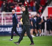23 June 2023; Shelbourne manager Damien Duff signals to the St Patrick's Athletic supporters after his side's defeat in the SSE Airtricity Men's Premier Division match between St Patrick's Athletic and Shelbourne at Richmond Park in Dublin. Photo by Harry Murphy/Sportsfile