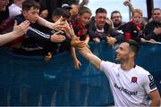 23 June 2023; Patrick Hoban of Dundalk celebrates with supporters after his side's victory in the SSE Airtricity Men's Premier Division match between Drogheda United and Dundalk at Weaver's Park in Drogheda, Louth. Photo by Piaras Ó Mídheach/Sportsfile