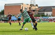 23 June 2023; Graham Burke of Shamrock Rovers in action against Keith Buckley of Bohemians during the SSE Airtricity Men's Premier Division match between Bohemians and Shamrock Rovers at Dalymount Park in Dublin. Photo by Seb Daly/Sportsfile