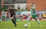 23 June 2023; Jack Byrne of Shamrock Rovers in action against Keith Buckley of Bohemians during the SSE Airtricity Men's Premier Division match between Bohemians and Shamrock Rovers at Dalymount Park in Dublin. Photo by Seb Daly/Sportsfile