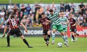 23 June 2023; Neil Farrugia of Shamrock Rovers in action against Ali Coote of Bohemians during the SSE Airtricity Men's Premier Division match between Bohemians and Shamrock Rovers at Dalymount Park in Dublin. Photo by Seb Daly/Sportsfile