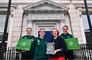 26 June 2023; Republic of Ireland players, from left, Harriet Scott, Chloe Mustaki and Ciara Grant with Children's Health Ireland Chief Executive Eilísh Hardiman during a visit to Temple Street Children's Hospital in Dublin. Photo by Ramsey Cardy/Sportsfile