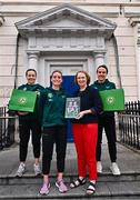 26 June 2023; Republic of Ireland players, from left, Harriet Scott, Chloe Mustaki and Ciara Grant with Children's Health Ireland Chief Executive Eilísh Hardiman during a visit to Temple Street Children's Hospital in Dublin. Photo by Ramsey Cardy/Sportsfile