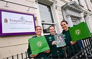26 June 2023; Republic of Ireland players, from left, Chloe Mustaki, Harriet Scott and Ciara Grant during a visit to Temple Street Children's Hospital in Dublin. Photo by Ramsey Cardy/Sportsfile