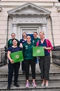 26 June 2023; Republic of Ireland players Harriet Scott, Ciara Grant and Chloe Mustaki with staff during a visit to Temple Street Children's Hospital in Dublin. Photo by Ramsey Cardy/Sportsfile