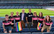 24 June 2023; An Taoiseach Leo Varadkar TD and Uachtarán Chumann Lúthchleas Gael Larry McCarthy with members of Na Gaeil Aeracha GAA Club, from left, Niall Kennedy, Ciaran Murphy, Ciaran Lyng, Niamh Browne, Louise Ní Eochaidh and Roísin O'Donovan during a Gaelic Games Pride Breakfast at Croke Park, celebrating inclusive Gaelic Games, hosted by the GPA, LGFA, Camogie & GAA. Over 100 inter-county and club players gathered together at Croke Park ahead of the Dublin Pride Parade. Photo by Stephen McCarthy/Sportsfile