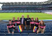 24 June 2023; An Taoiseach Leo Varadkar TD and Uachtarán Chumann Lúthchleas Gael Larry McCarthy with members of Na Gaeil Aeracha GAA Club, from left, Niall Kennedy, Ciaran Murphy, Ciaran Lyng, Niamh Browne, Louise Ní Eochaidh and Roísin O'Donovan during a Gaelic Games Pride Breakfast at Croke Park, celebrating inclusive Gaelic Games, hosted by the GPA, LGFA, Camogie & GAA. Over 100 inter-county and club players gathered together at Croke Park ahead of the Dublin Pride Parade. Photo by Stephen McCarthy/Sportsfile