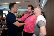 24 June 2023; An Taoiseach Leo Varadkar TD, left, with former Dublin footballer Michael Daragh McAuley, community sport & wellbeing co-ordinator, North East Inner City area of Dublin and GPA president Dónal Óg Cusack, right, during a Gaelic Games Pride Breakfast at Croke Park, celebrating inclusive Gaelic Games, hosted by the GPA, LGFA, Camogie & GAA. Over 100 inter-county and club players gathered together at Croke Park ahead of the Dublin Pride Parade. Photo by Stephen McCarthy/Sportsfile