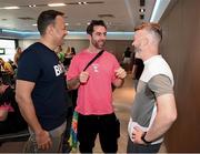 24 June 2023; An Taoiseach Leo Varadkar TD, left, with former Dublin footballer Michael Daragh McAuley, community sport & wellbeing co-ordinator, North East Inner City area of Dublin and GPA president Dónal Óg Cusack, right, during a Gaelic Games Pride Breakfast at Croke Park, celebrating inclusive Gaelic Games, hosted by the GPA, LGFA, Camogie & GAA. Over 100 inter-county and club players gathered together at Croke Park ahead of the Dublin Pride Parade. Photo by Stephen McCarthy/Sportsfile