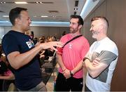 24 June 2023; An Taoiseach Leo Varadkar TD, left, with former Dublin footballer Michael Daragh McAuley, community sport & wellbeing co-ordinator, North East Inner City area of Dublin and GPA president Dónal Óg Cusack, right, during a Gaelic Games Pride Breakfast at Croke Park, celebrating inclusive Gaelic Games, hosted by the GPA, LGFA, Camogie & GAA. Over 100 inter-county and club players gathered together at Croke Park ahead of the Dublin Pride Parade. Photo by Stephen McCarthy/Sportsfile