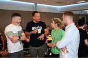 24 June 2023; An Taoiseach Leo Varadkar TD with, from left, GPA president Dónal Óg Cusack, former Cork footballer Valerie Mulcahy and professional rugby player Nick McCarthy during a Gaelic Games Pride Breakfast at Croke Park, celebrating inclusive Gaelic Games, hosted by the GPA, LGFA, Camogie & GAA. Over 100 inter-county and club players gathered together at Croke Park ahead of the Dublin Pride Parade. Photo by Stephen McCarthy/Sportsfile