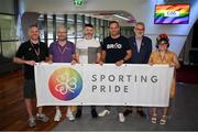 24 June 2023; An Taoiseach Leo Varadkar TD, GPA president Dónal Óg Cusack, and Uachtarán Chumann Lúthchleas Gael Larry McCarthy with members of Sporting Pride, from left, Aidan Walsh, Dermot McCarthy, Noelle Knox during a Gaelic Games Pride Breakfast at Croke Park, celebrating inclusive Gaelic Games, hosted by the GPA, LGFA, Camogie & GAA. Over 100 inter-county and club players gathered together at Croke Park ahead of the Dublin Pride Parade. Photo by Stephen McCarthy/Sportsfile