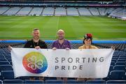24 June 2023; Members of Sporting Pride, from left, Aidan Walsh, Dermot McCarthy and Noelle Knox during a Gaelic Games Pride Breakfast at Croke Park, celebrating inclusive Gaelic Games, hosted by the GPA, LGFA, Camogie & GAA. Over 100 inter-county and club players gathered together at Croke Park ahead of the Dublin Pride Parade. Photo by Stephen McCarthy/Sportsfile