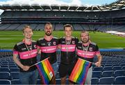 24 June 2023; Members of Na Gaeil Aeracha GAA Club, from left, Dylan Boon, David Leen, Ruairí Keane and Paul Barrett during a Gaelic Games Pride Breakfast at Croke Park, celebrating inclusive Gaelic Games, hosted by the GPA, LGFA, Camogie & GAA. Over 100 inter-county and club players gathered together at Croke Park ahead of the Dublin Pride Parade. Photo by Stephen McCarthy/Sportsfile