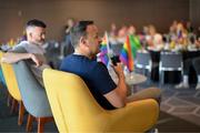 24 June 2023; An Taoiseach Leo Varadkar TD and GPA president Dónal Óg Cusack, left, during a Gaelic Games Pride Breakfast at Croke Park, celebrating inclusive Gaelic Games, hosted by the GPA, LGFA, Camogie & GAA. Over 100 inter-county and club players gathered together at Croke Park ahead of the Dublin Pride Parade. Photo by Stephen McCarthy/Sportsfile