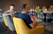 24 June 2023; GPA president Dónal Óg Cusack, left, and An Taoiseach Leo Varadkar TD during a Gaelic Games Pride Breakfast at Croke Park, celebrating inclusive Gaelic Games, hosted by the GPA, LGFA, Camogie & GAA. Over 100 inter-county and club players gathered together at Croke Park ahead of the Dublin Pride Parade. Photo by Stephen McCarthy/Sportsfile