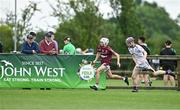 24 June 2023; Zach Donegan of Raheny, Dublin, in action against Jack Madden of St Mary's Athenry, Galway, during the John West Féile na nGael National Camogie and Hurling Finals 2023 at the Connacht GAA Centre in Bekan, Mayo. Eighty club sides took part in the national finals across seven venues in Connacht. Sponsored for the eighth time by John West, it is one of the biggest underage sporting events on the continent. Photo by Sam Barnes/Sportsfile