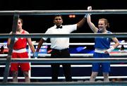 24 June 2023; Jennifer Lehane of Ireland, right, celebrates after her victory against Sara Cirkovic of Serbia in their Featherweight 54kg bout at the Nowy Targ Arena during the European Games 2023 in Poland. Photo by Tyler Miller/Sportsfile