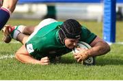 24 June 2023; Ruadhan Quinn of Ireland dives over to score a try during the U20 Rugby World Cup match between England and Ireland at Paarl Gymnasium in Paarl, South Africa. Photo by Shaun Roy/Sportsfile