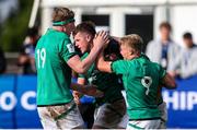 24 June 2023; Charlie Irvine of Ireland and Fintan Gunne of Ireland congratulate Ruadhan Quinn of Ireland for scoring a try during the U20 Rugby World Cup match between England and Ireland at Paarl Gymnasium in Paarl, South Africa. Photo by Shaun Roy/Sportsfile